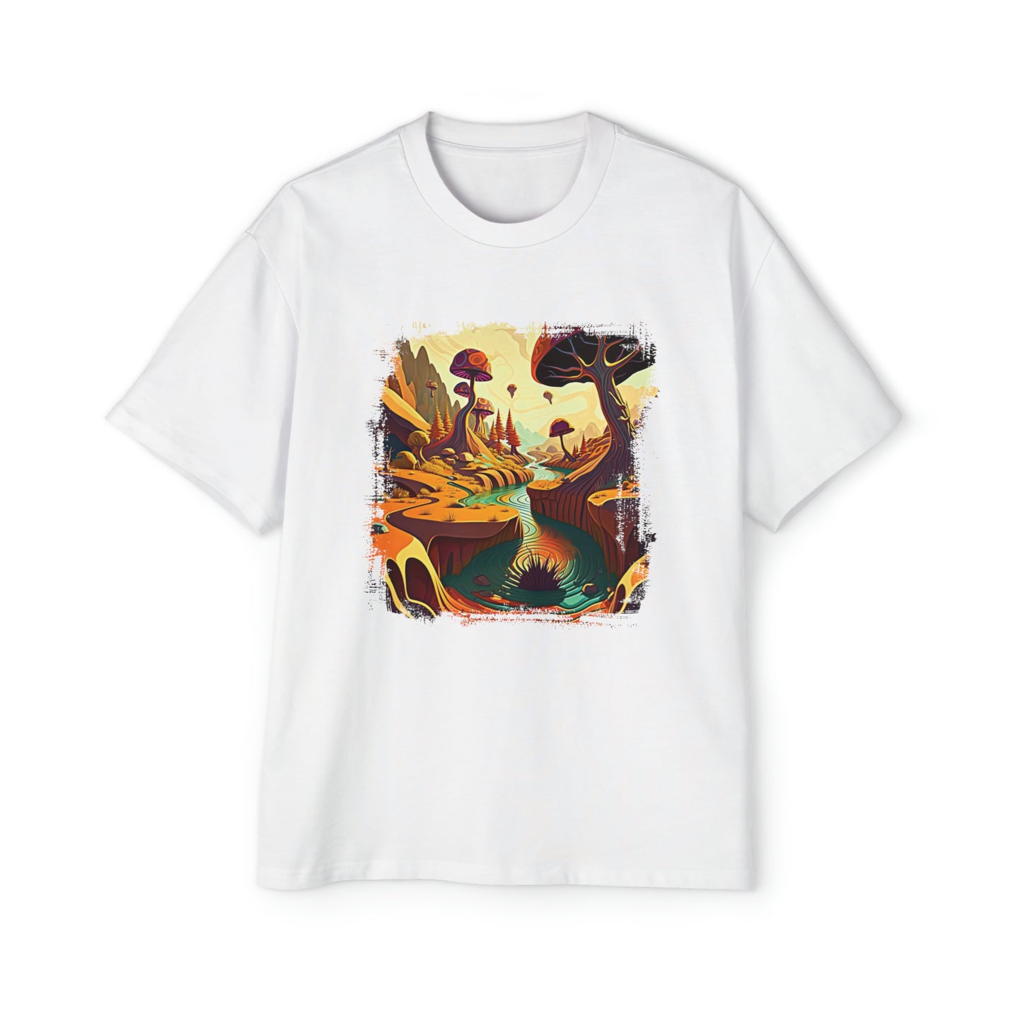 Trippy Adventures: Explore a Psychedelic Mushroom Land on this Oversized T-Shirt