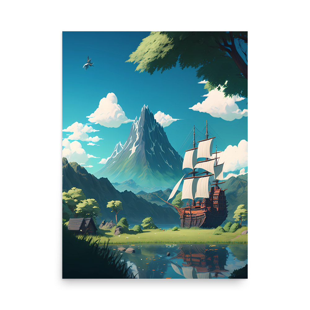 Anime Dreamscape: Sail Away on a Stunning Ship in a Breathtaking Landscape Poster