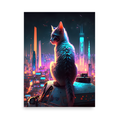Futuristic Feline: Adorable Kitten Gazes at Neon Cityscape Poster