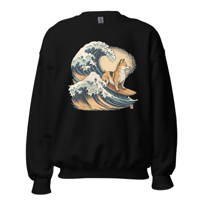 Surfing Shiba Inu: Retro Graphic Sweatshirt Riding the Great Wave